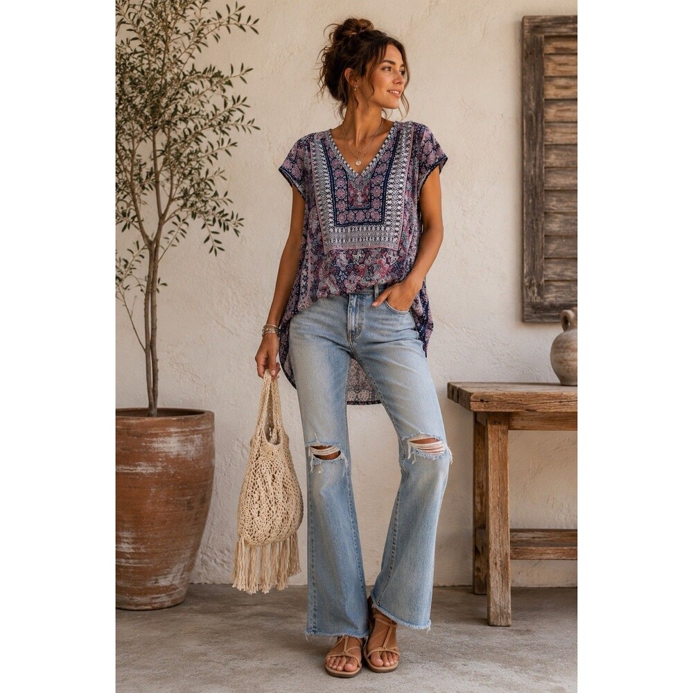 Lucky Brand Women’s Boho Mixed Print Hi Low Top Size Small Pink Blue Linen Blend